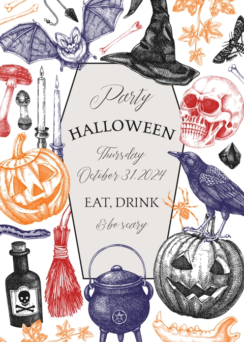 Vintage Halloween frame design. Hand-drawn vector illustration. Skull, bones, pumpkin, poisons, cauldron sketch. Witch party invitation, poster, flyer. Not AI generated